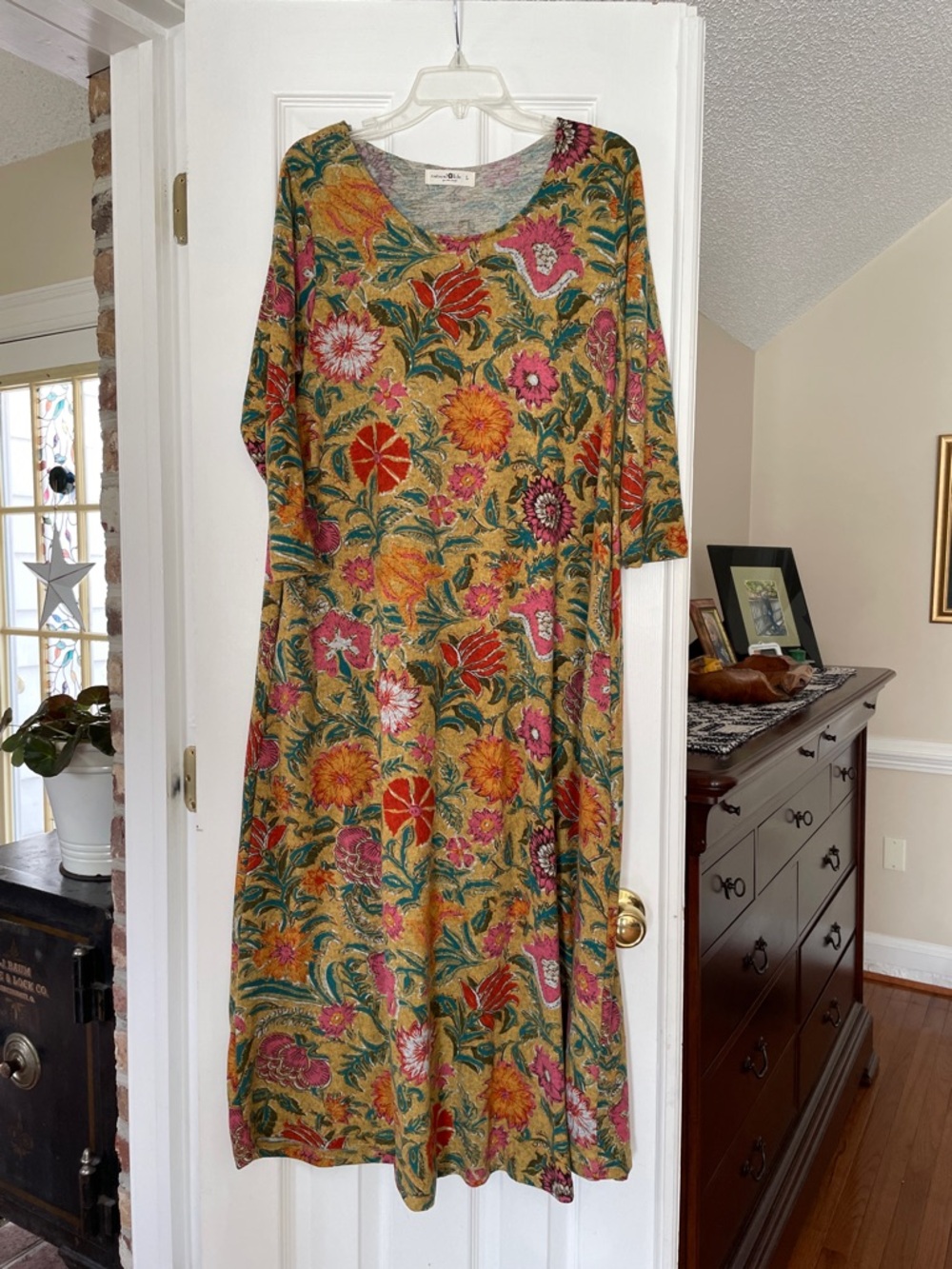 NATURAL LIFE Mustard Floral Scoop-Neck Maxi Dress with Pink & Green Accents
